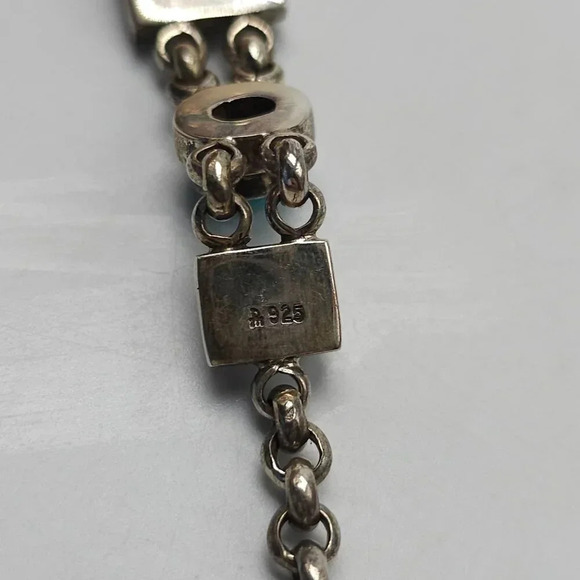 Turquoise Sterling Silver 925 Vintage Bracelet Intricate Design Toggle Clasp - Picture 5 of 7